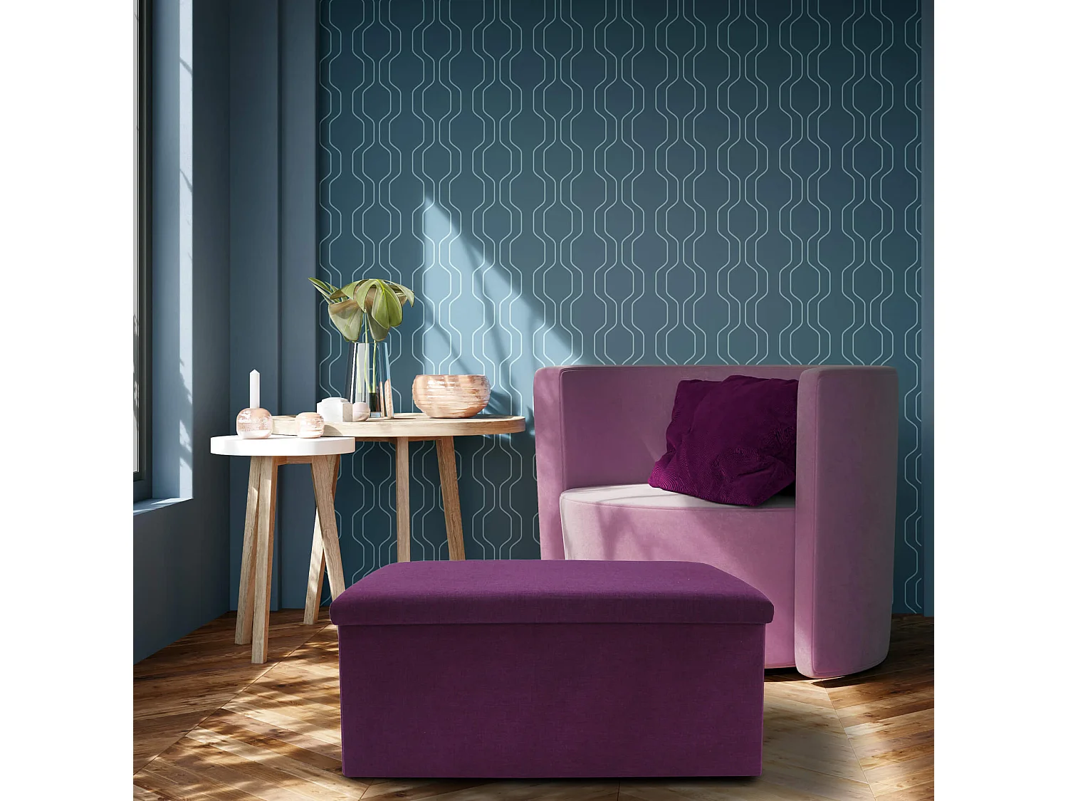 Mobili Rebecca Puff Panca Sgabello Imbottito Viola Cotone Salvaspazio 38x76x38