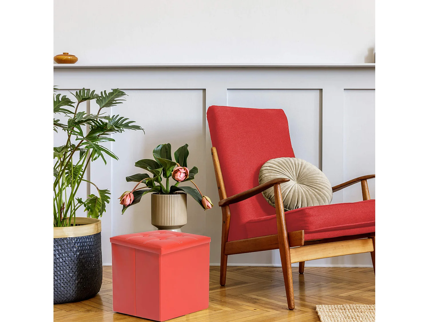 Rebecca Mobili Pouf Cube Pouf Cube Recipiente de Couro de Puff Vermelho Banqueta de Couro 30x30x30