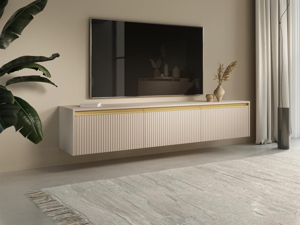 Meuble TV suspendu ou à poser avec 3 portes en MDF - Beige et doré - POSINIA de Pascal MORABITO