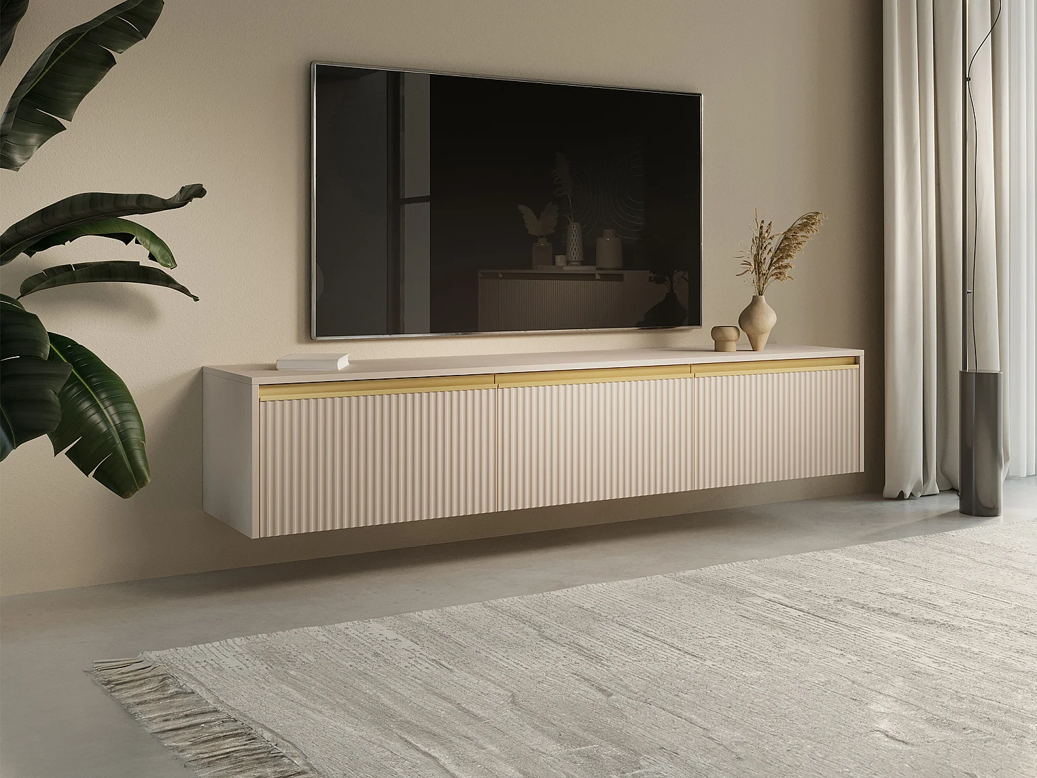 Meuble TV suspendu ou à poser avec 3 portes en MDF - Beige et doré - POSINIA de Pascal MORABITO