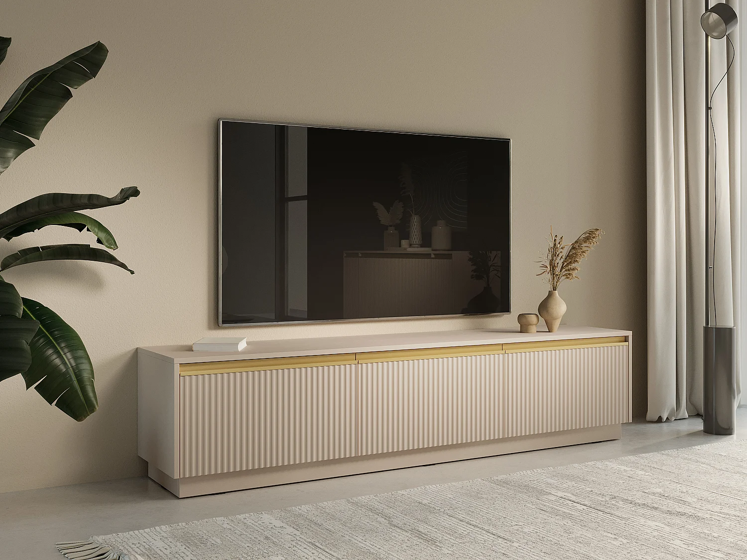 Mobile TV sospeso o da appoggio con 3 ante in MDF Beige e Dorato - POSINIA di Pascal MORABITO