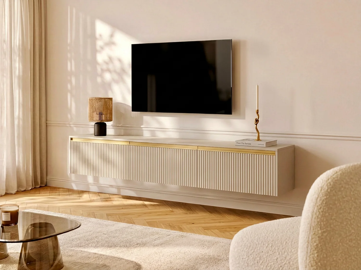 Wall - mounted or freestanding TV unit with 3 doors in MDF - Beige and gold - POSINIA by Pascal MORABITO