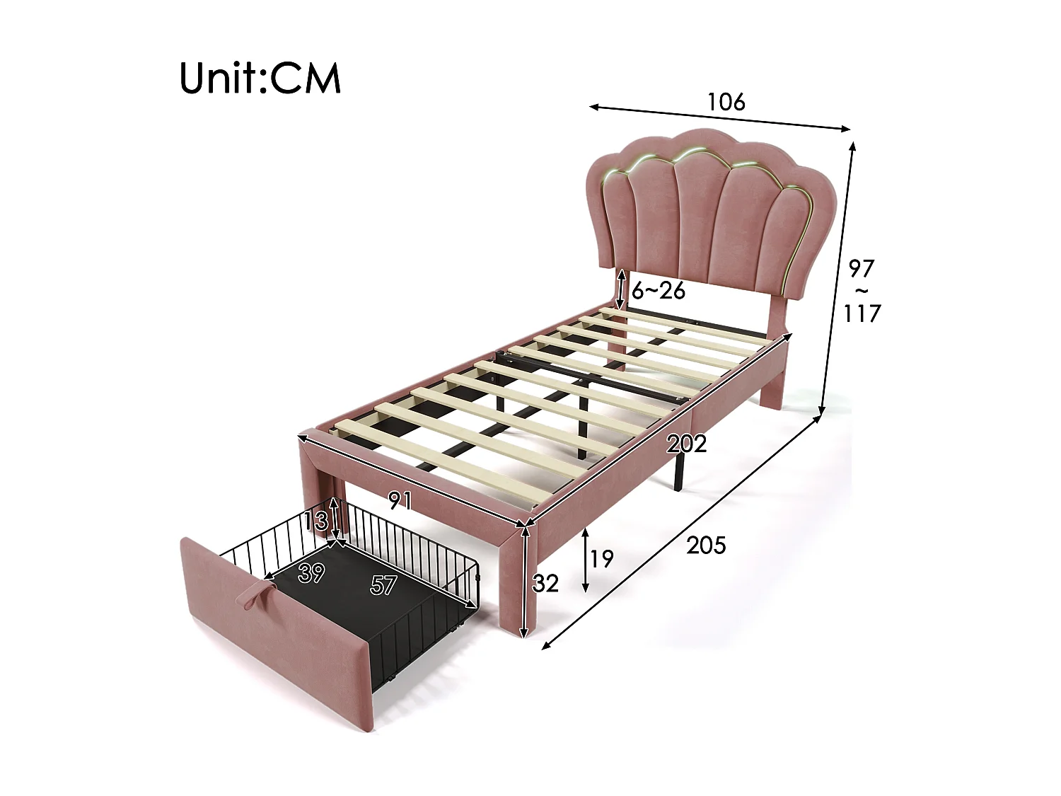 Bett 90x200 cm aus Samt mit Schubladen und LED-Steuerung per APP - Rosa