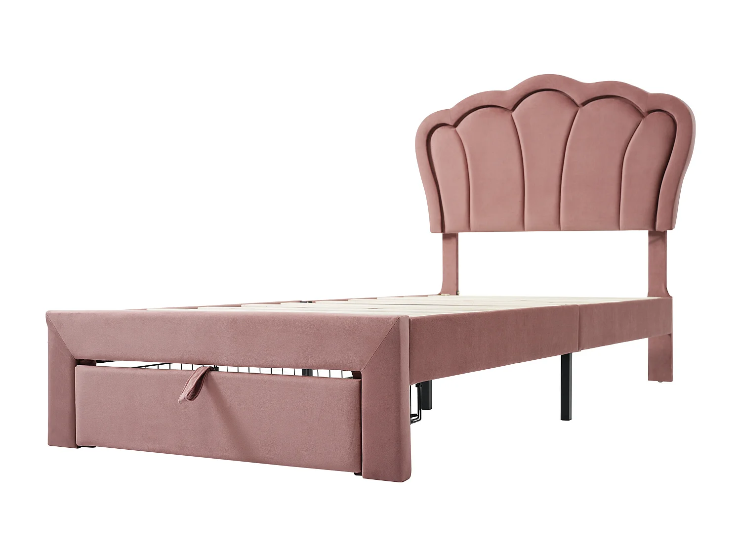 Bett 90x200 cm aus Samt mit Schubladen und LED-Steuerung per APP - Rosa