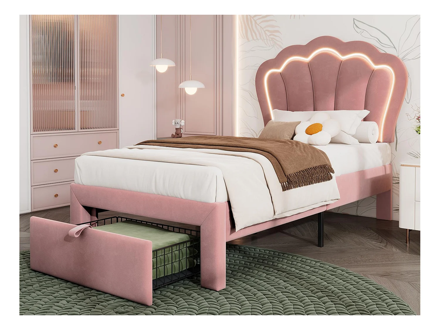 Lit 90x200 cm  en velours avec tiroirs et LED de contrôle APP - Rose