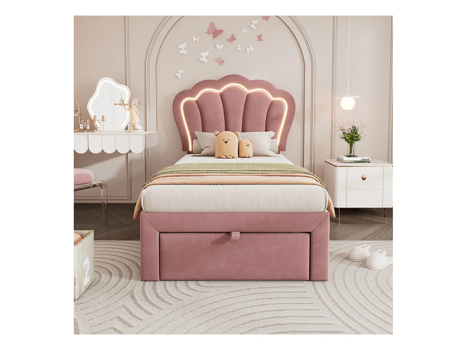 Bed 90x200 cm van fluweel met laden en LED-bediening via app - Roze