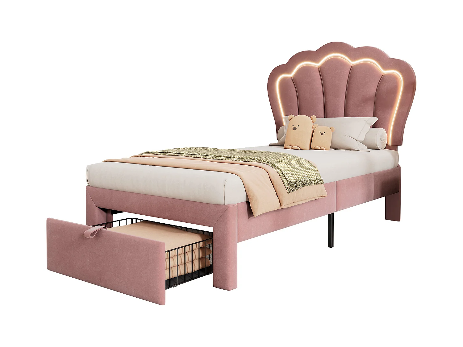 Bed 90x200 cm van fluweel met laden en LED-bediening via app - Roze