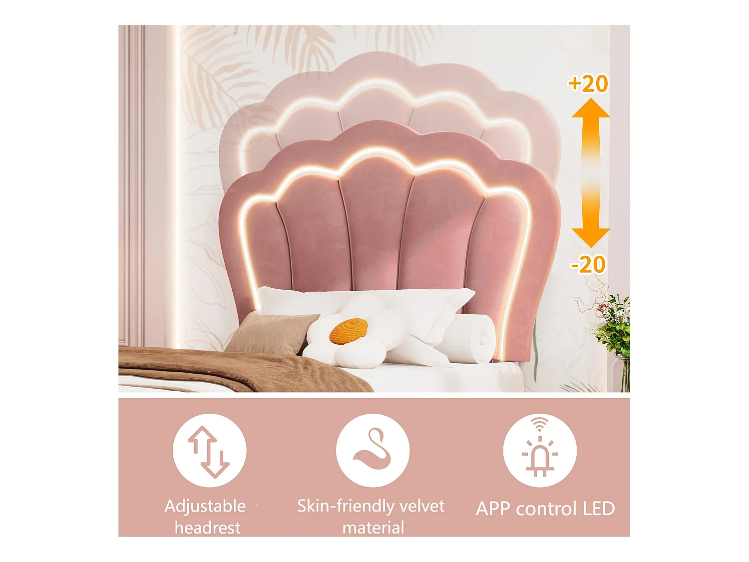 Bed 90x200 cm van fluweel met laden en LED-bediening via app - Roze