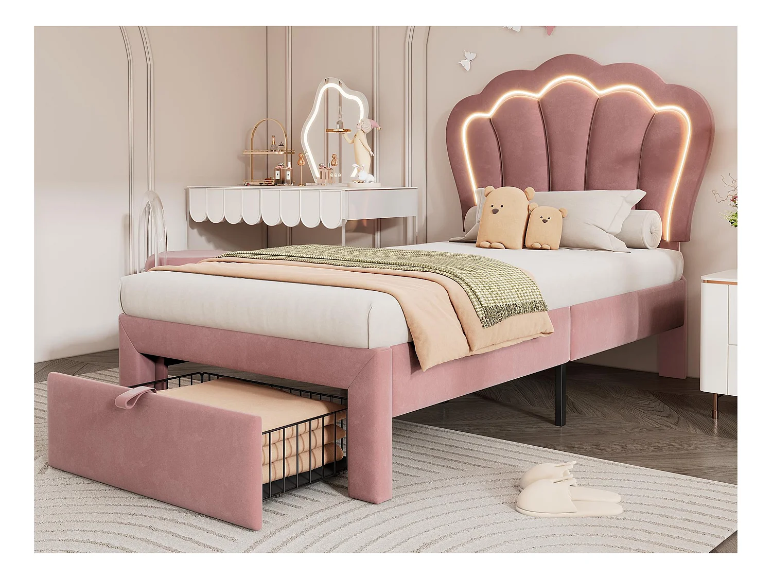 Lit 90x190 cm  en velours avec tiroirs et LED de contrôle APP - Rose
