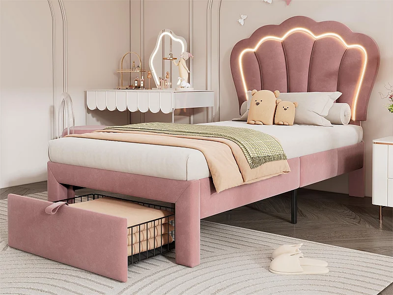 Lit 90x190 cm  en velours avec tiroirs et LED de contrôle APP - Rose