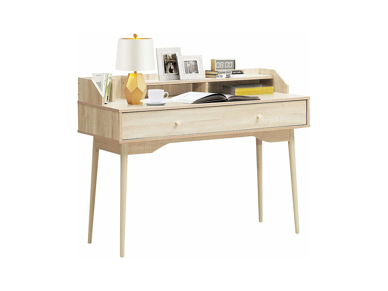 Bureau Moderne avec Tiroir et Étagère, 120 x 50 x 93 CM, Table d'Écriture avec Dispositif Anti-basculement, Naturel