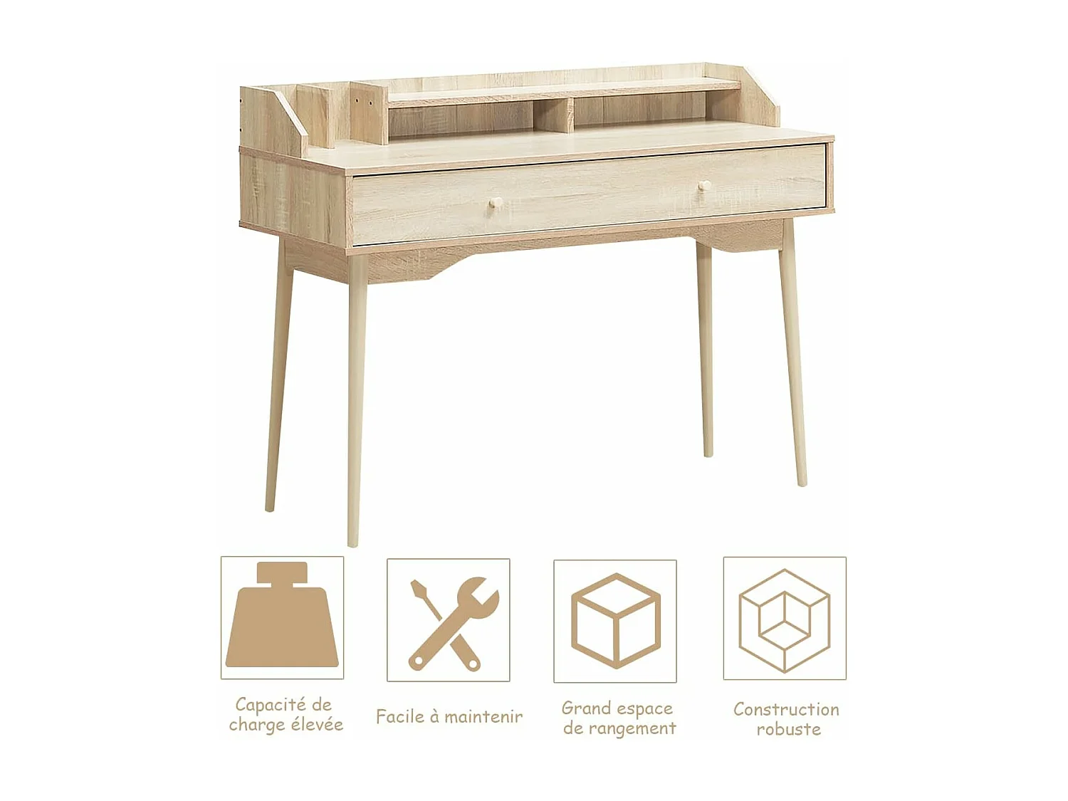 Bureau Moderne avec Tiroir et Étagère, 120 x 50 x 93 CM, Table d'Écriture avec Dispositif Anti-basculement, Naturel