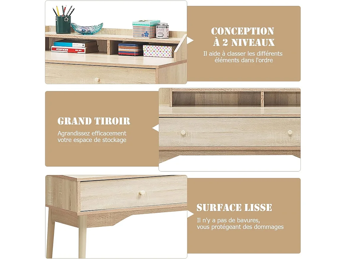 Bureau Moderne avec Tiroir et Étagère, 120 x 50 x 93 CM, Table d'Écriture avec Dispositif Anti-basculement, Naturel