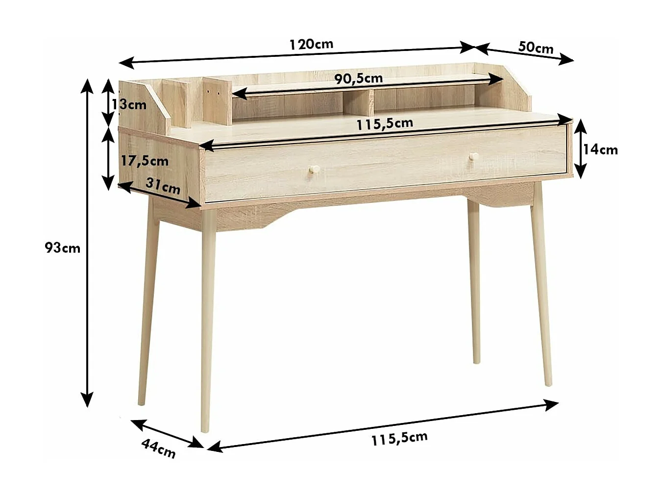 Bureau Moderne avec Tiroir et Étagère, 120 x 50 x 93 CM, Table d'Écriture avec Dispositif Anti-basculement, Naturel