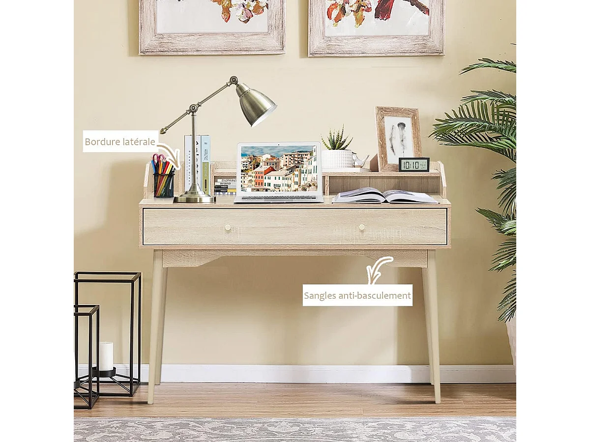 Bureau Moderne avec Tiroir et Étagère, 120 x 50 x 93 CM, Table d'Écriture avec Dispositif Anti-basculement, Naturel