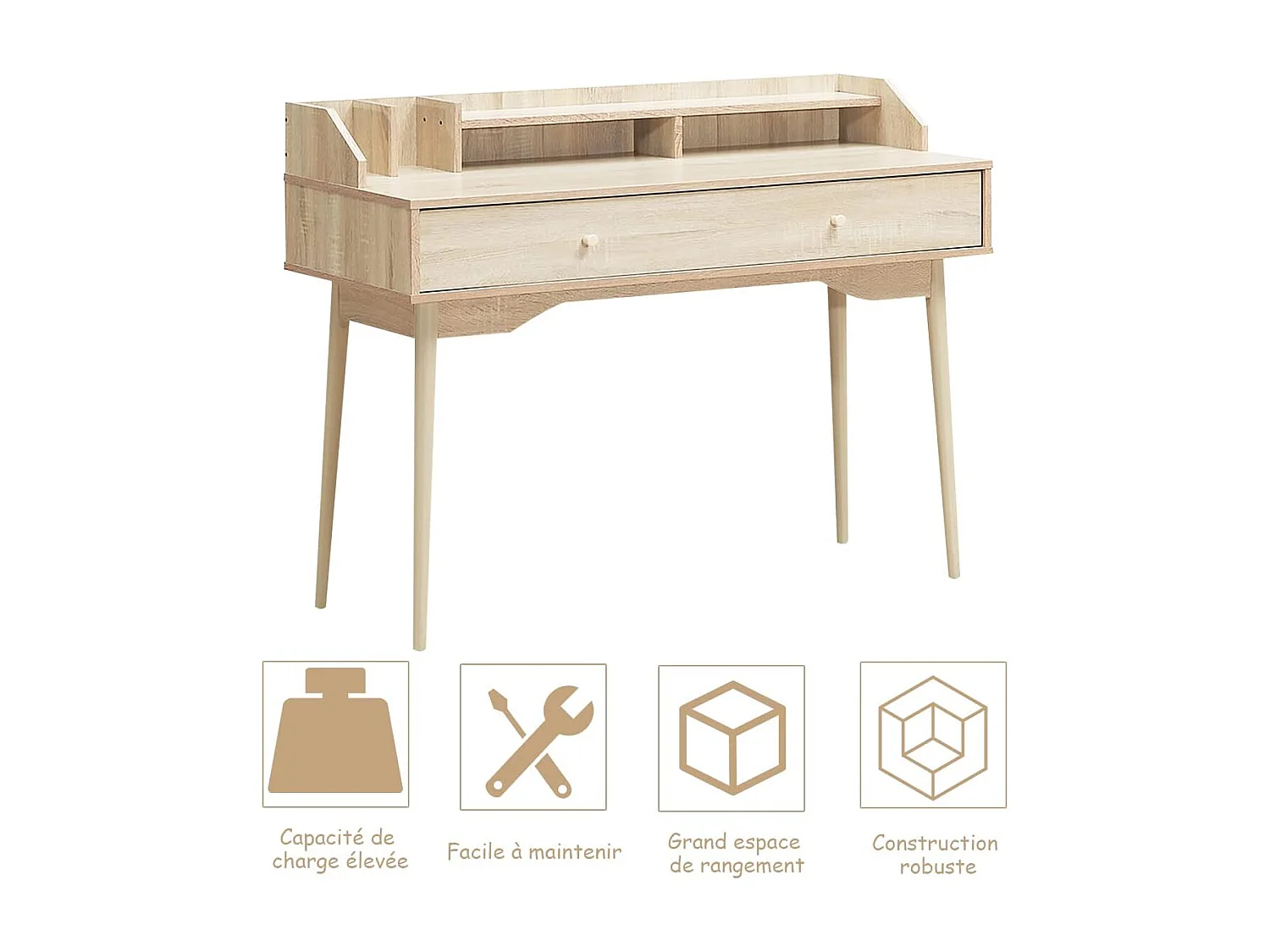 Bureau Moderne avec Tiroir et Étagère, 120 x 50 x 93 CM, Table d'Écriture avec Dispositif Anti-basculement, Naturel