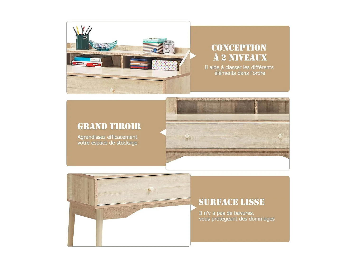 Bureau Moderne avec Tiroir et Étagère, 120 x 50 x 93 CM, Table d'Écriture avec Dispositif Anti-basculement, Naturel