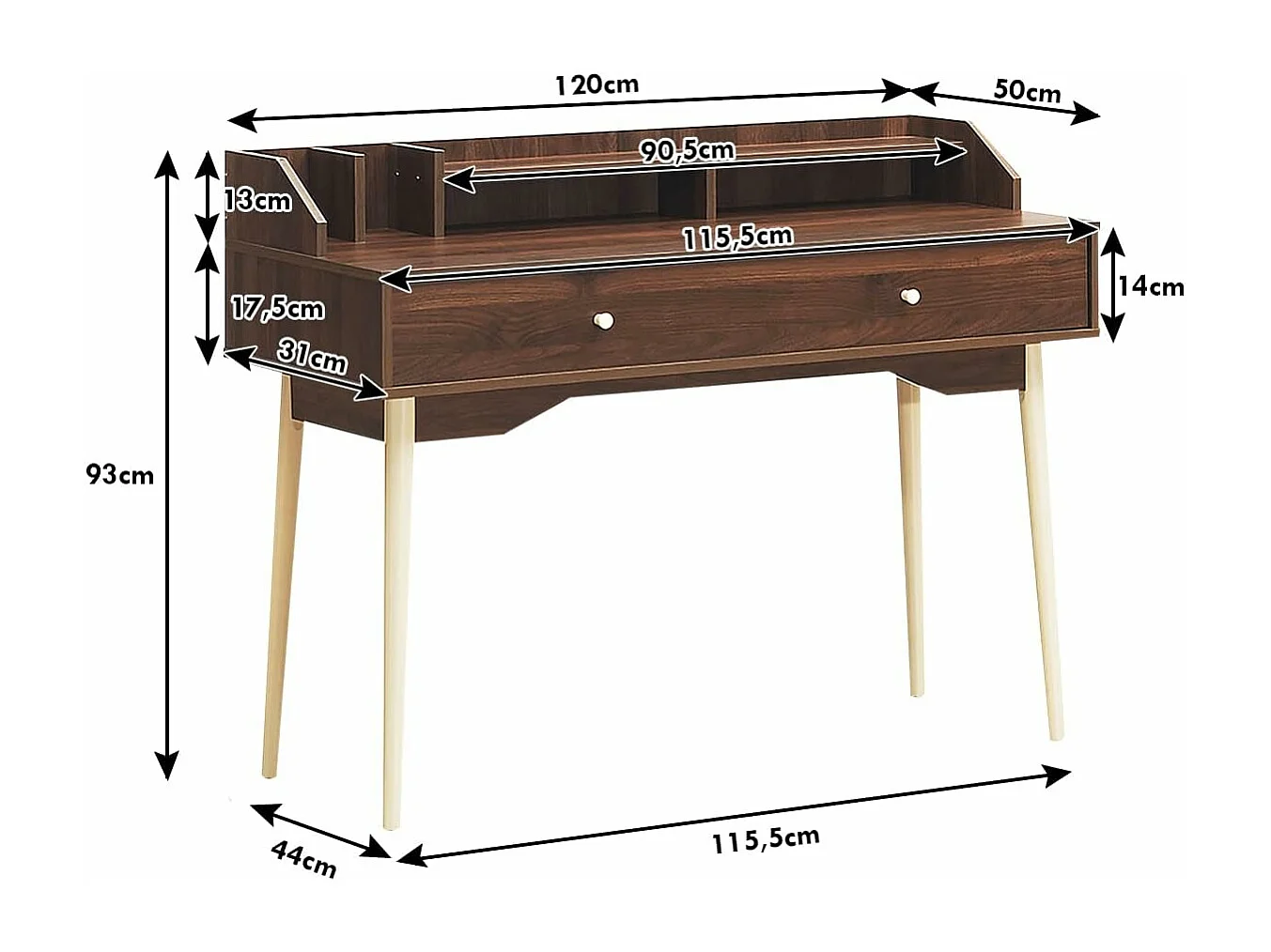 Bureau Moderne avec Tiroir et Étagère, 120 x 50 x 93 CM, Table d'Écriture avec Dispositif Anti-basculement, Café