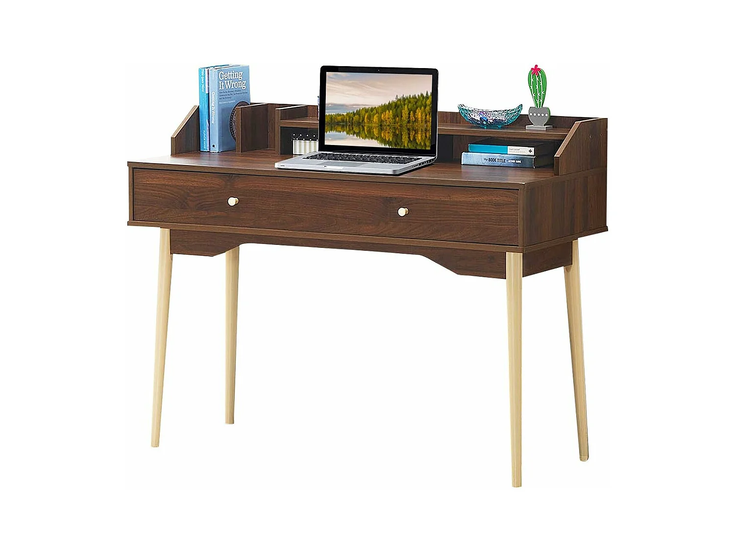 Modern bureau met ladekast, 120 x 50 x 93 cm, schrijftafel met anti-kantelvoorziening, koffie