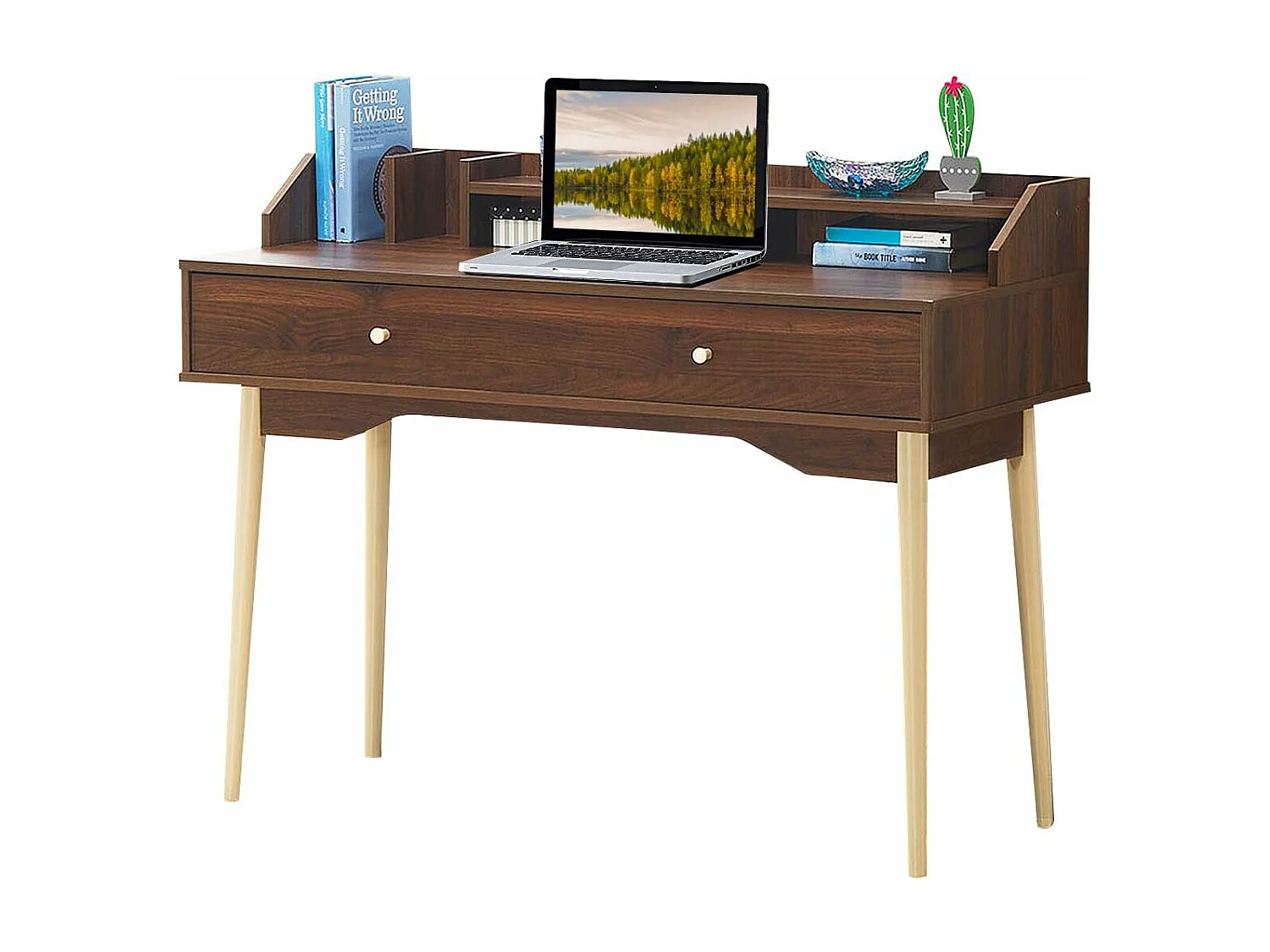Bureau Moderne avec Tiroir et Étagère, 120 x 50 x 93 CM, Table d'Écriture avec Dispositif Anti-basculement, Café