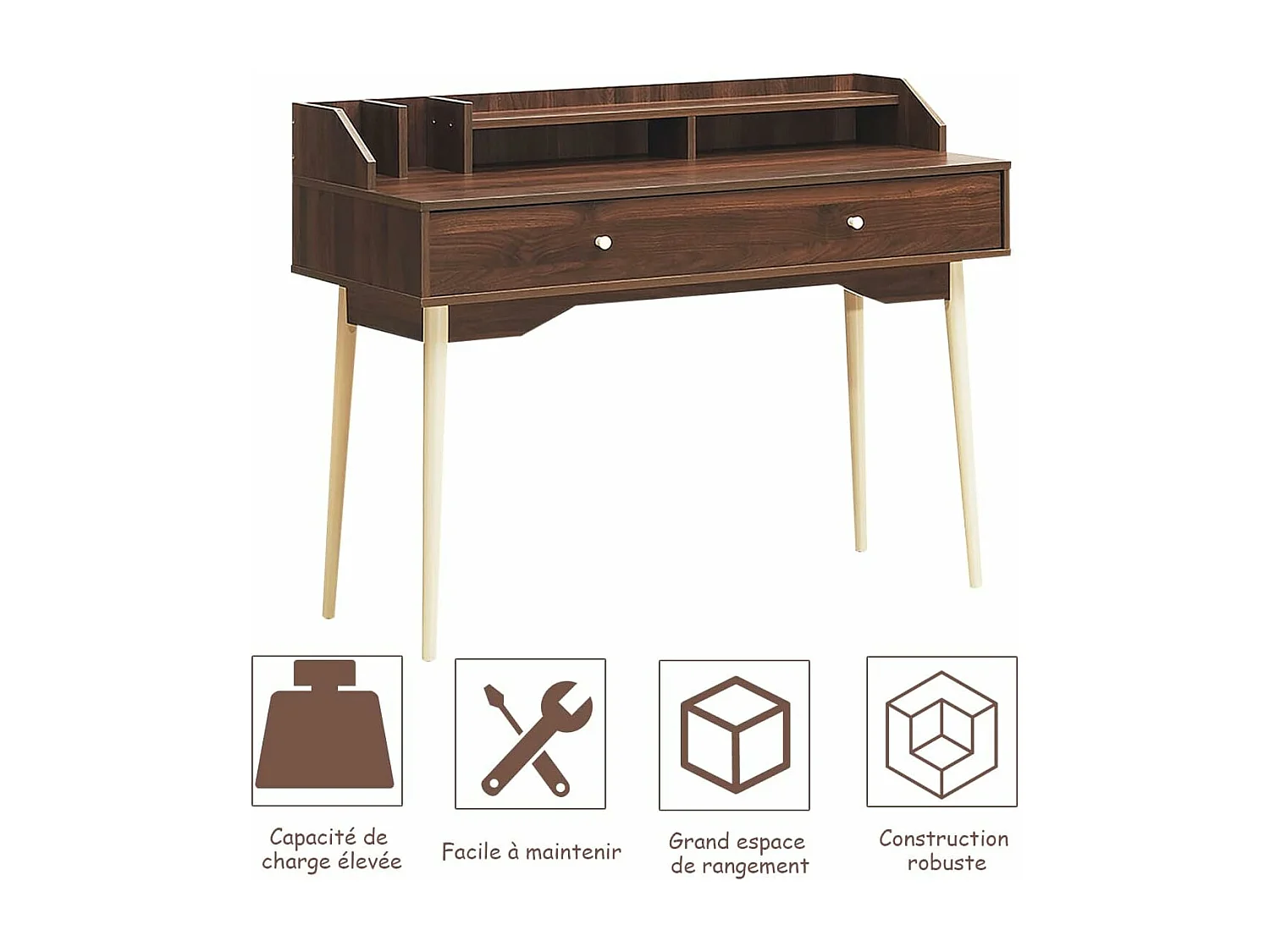 Bureau Moderne avec Tiroir et Étagère, 120 x 50 x 93 CM, Table d'Écriture avec Dispositif Anti-basculement, Café