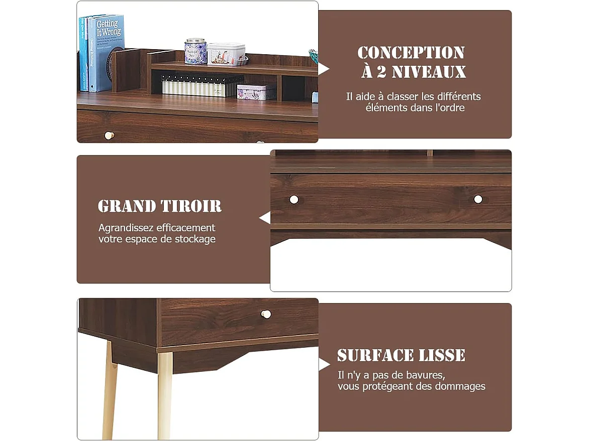 Bureau Moderne avec Tiroir et Étagère, 120 x 50 x 93 CM, Table d'Écriture avec Dispositif Anti-basculement, Café
