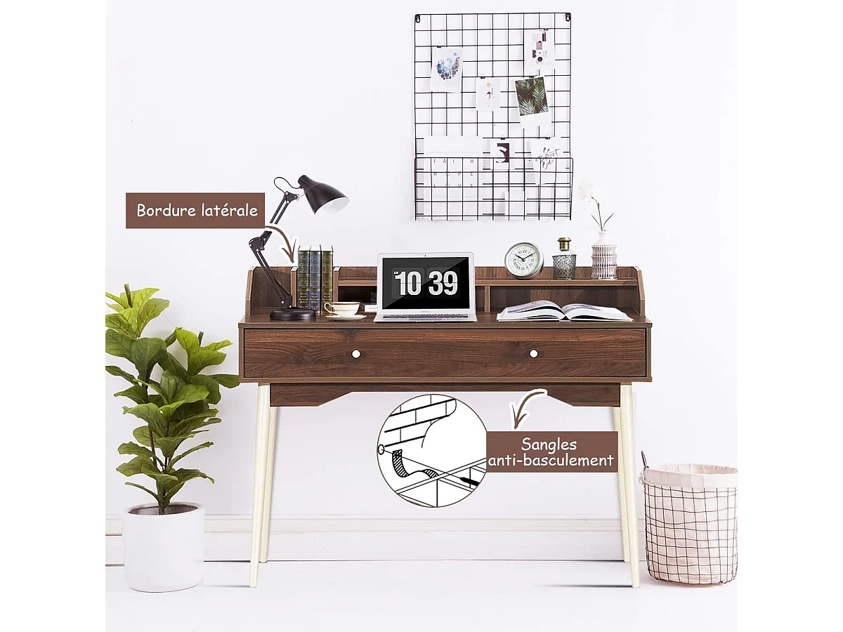 Bureau Moderne avec Tiroir et Étagère, 120 x 50 x 93 CM, Table d'Écriture avec Dispositif Anti-basculement, Café