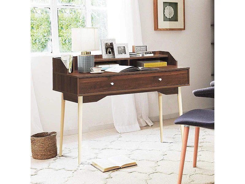 Bureau Moderne avec Tiroir et Étagère, 120 x 50 x 93 CM, Table d'Écriture avec Dispositif Anti-basculement, Café