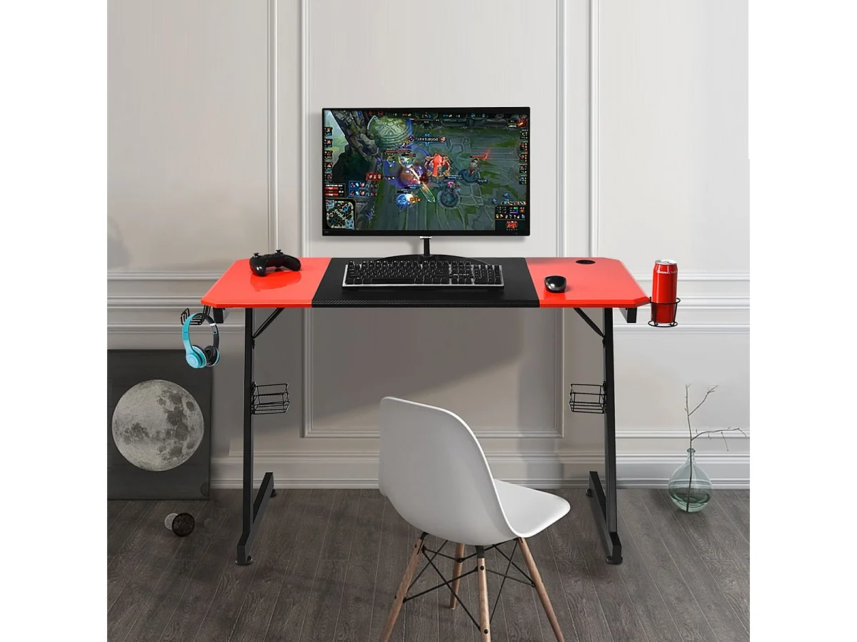 Bureau de Jeu Bureau Gamer Surface en Fibre de Carbone 120 X 60 X 76CM avec Porte-gobelet, Crochet pour Ecouteurs et Supports Audio (Noir et Rouge)