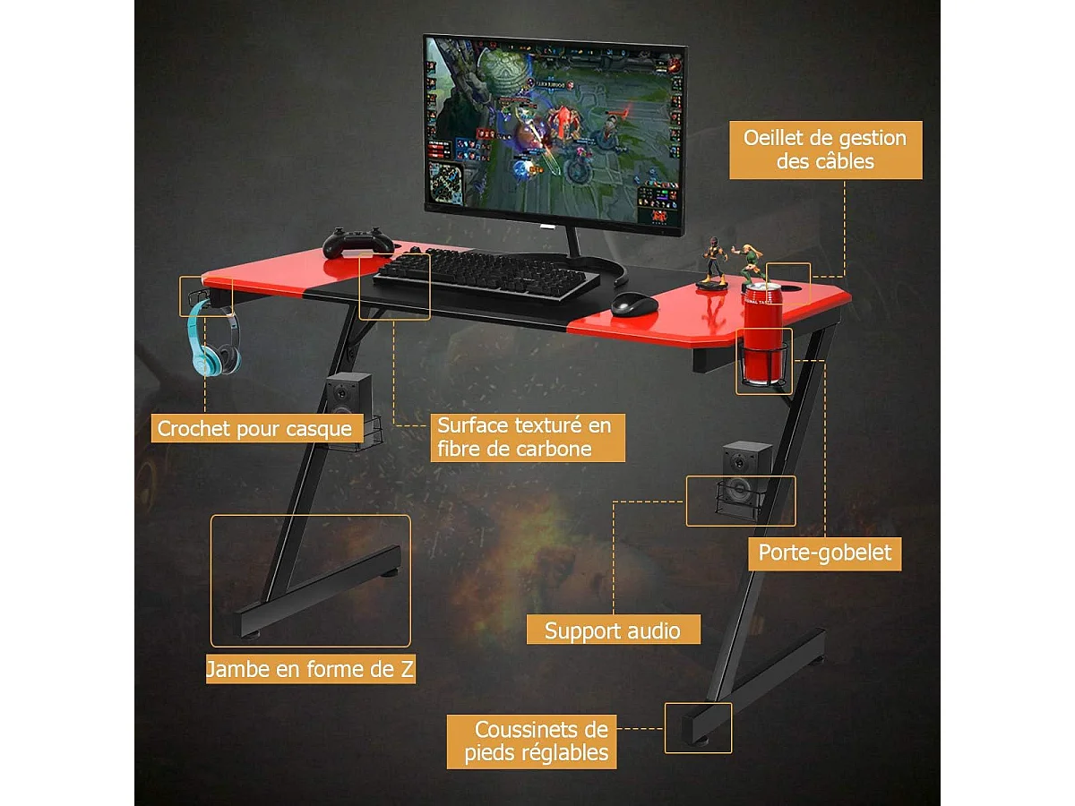 Bureau de Jeu Bureau Gamer Surface en Fibre de Carbone 120 X 60 X 76CM avec Porte-gobelet, Crochet pour Ecouteurs et Supports Audio (Noir et Rouge)