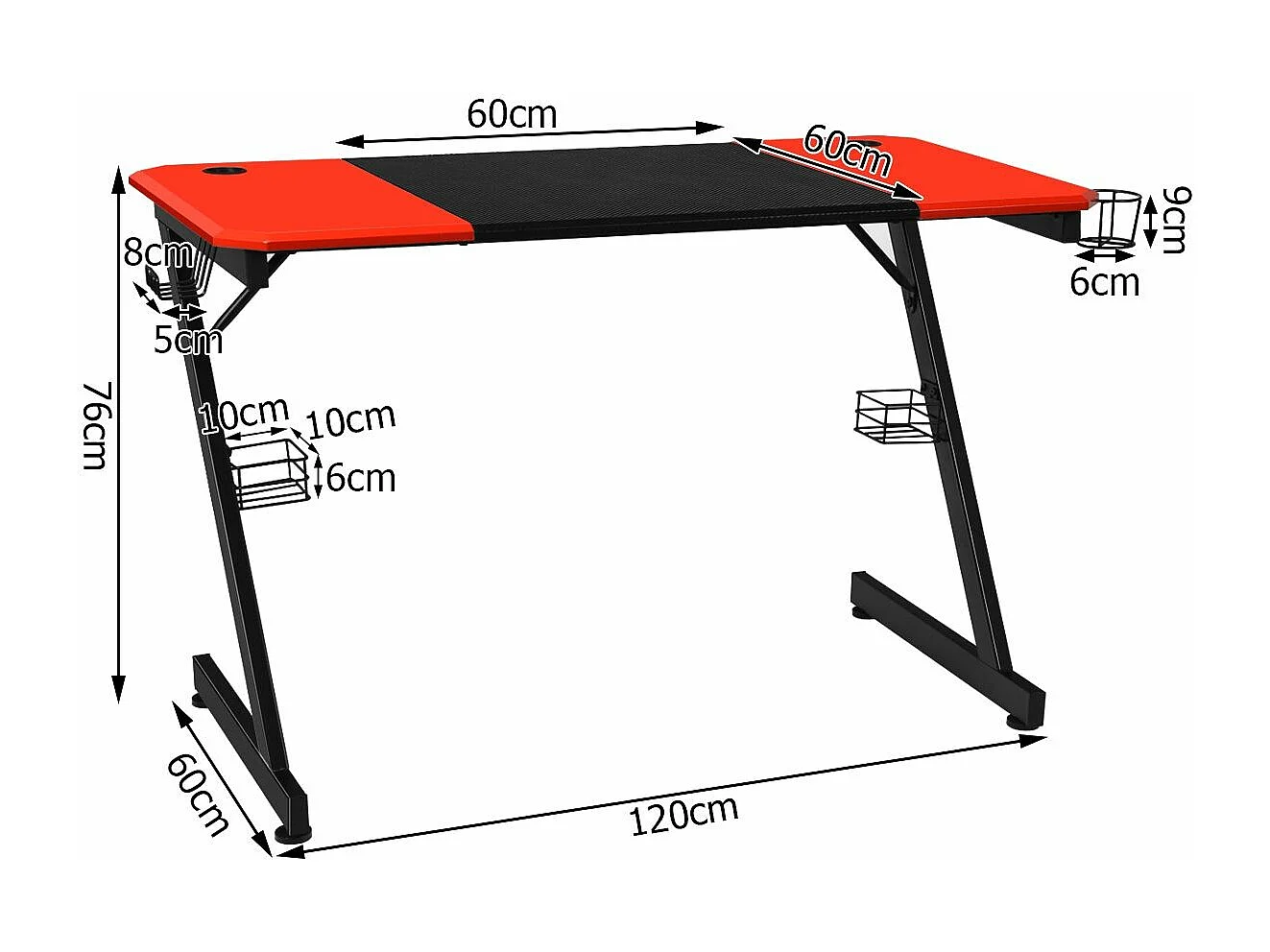Bureau de Jeu Bureau Gamer Surface en Fibre de Carbone 120 X 60 X 76CM avec Porte-gobelet, Crochet pour Ecouteurs et Supports Audio (Noir et Rouge)