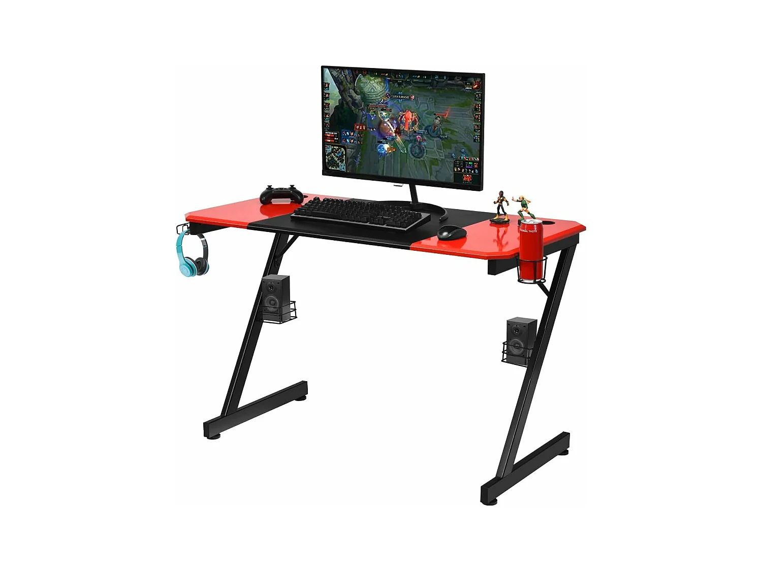 Bureau de Jeu Bureau Gamer Surface en Fibre de Carbone 120 X 60 X 76CM avec Porte-gobelet, Crochet pour Ecouteurs et Supports Audio (Noir et Rouge)