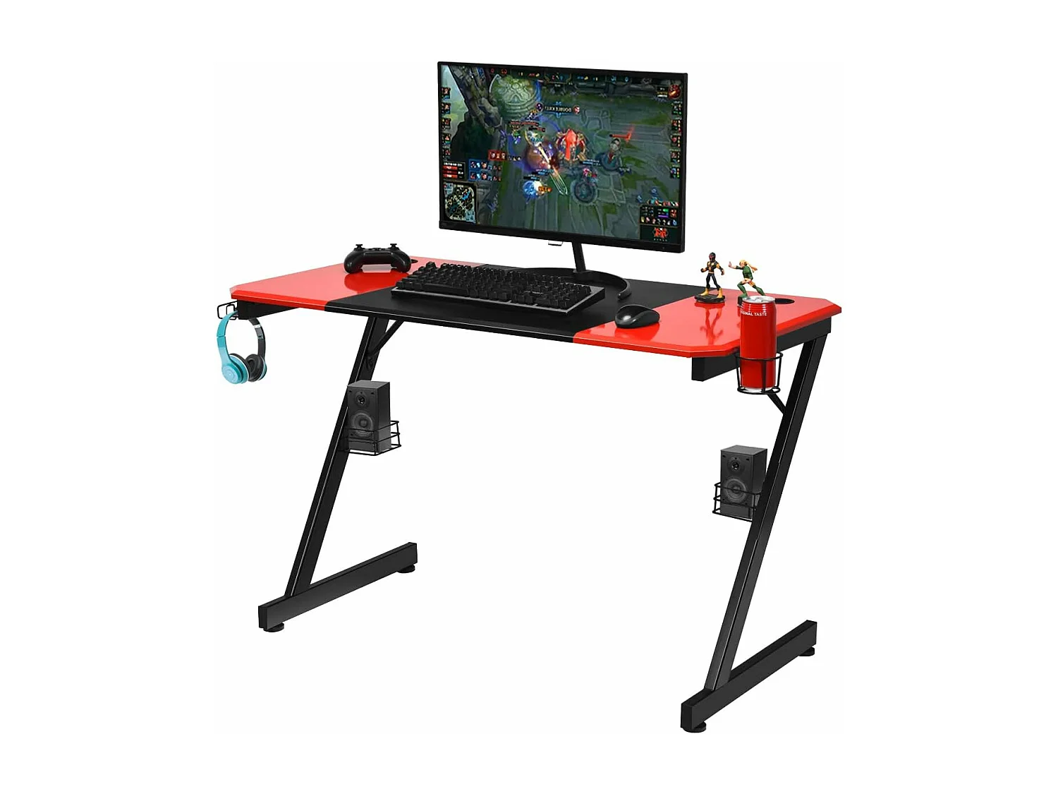 Gamingbureau Koolstofvezeloppervlak Gamingbureau 120 x 60 x 76 cm met bekerhouder, hoofdtelefoonhaak en audiostandaards (zwart en rood)