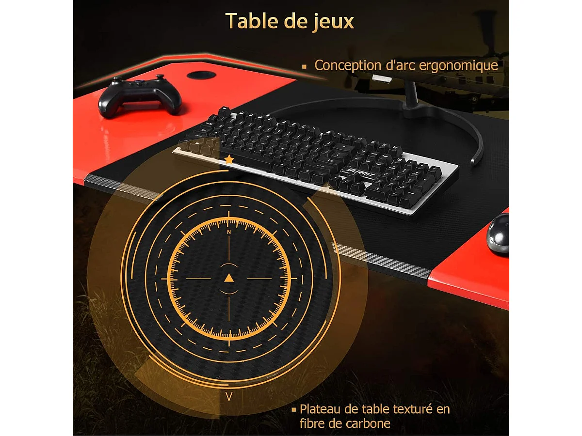 Gamingbureau Koolstofvezeloppervlak Gamingbureau 120 x 60 x 76 cm met bekerhouder, hoofdtelefoonhaak en audiostandaards (zwart en rood)