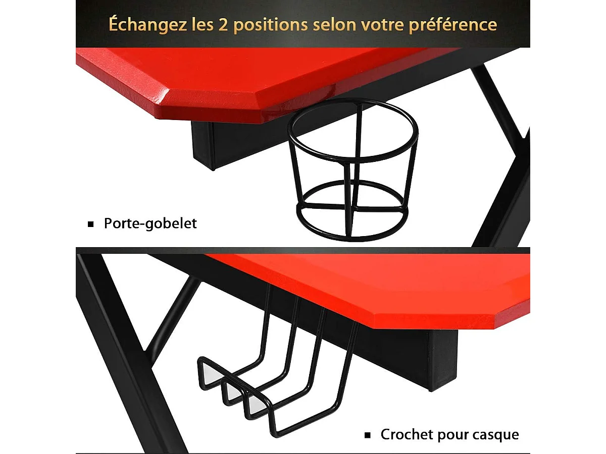 Gamingbureau Koolstofvezeloppervlak Gamingbureau 120 x 60 x 76 cm met bekerhouder, hoofdtelefoonhaak en audiostandaards (zwart en rood)