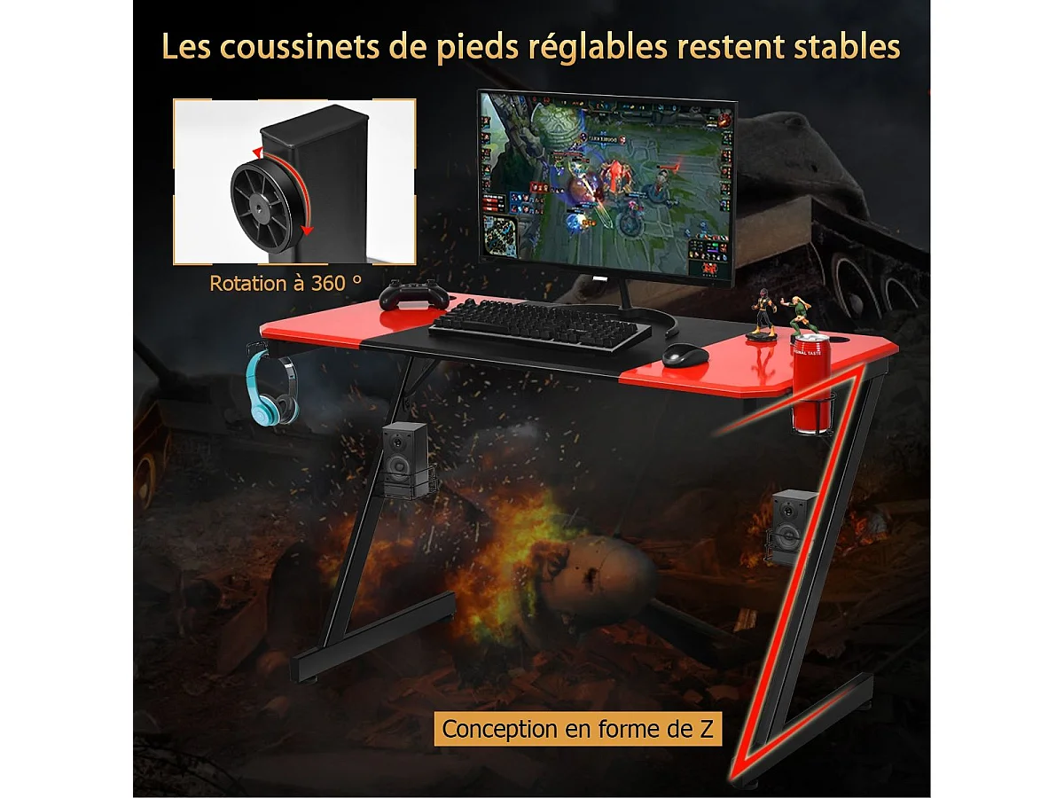 Gamingbureau Koolstofvezeloppervlak Gamingbureau 120 x 60 x 76 cm met bekerhouder, hoofdtelefoonhaak en audiostandaards (zwart en rood)