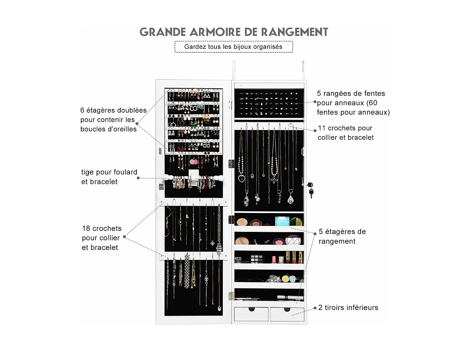 Armoire à bijoux mural avec led intégré ,37 x 9,6 x 120 cm