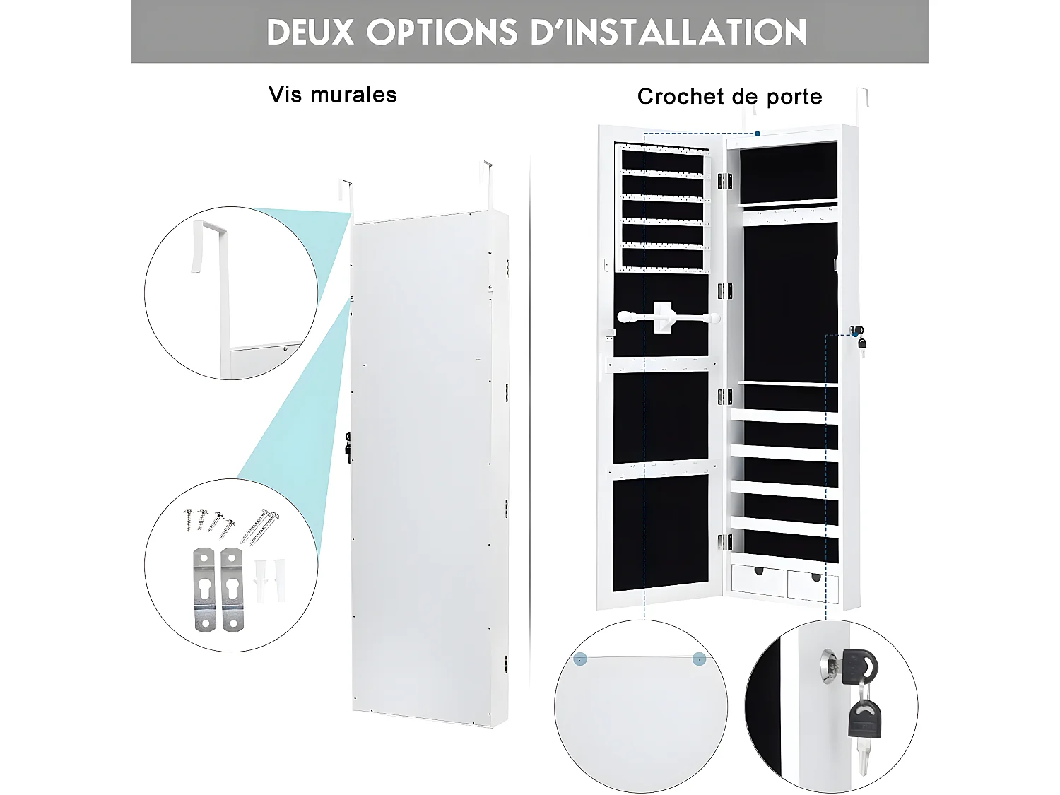 Armoire à bijoux mural avec led intégré ,37 x 9,6 x 120 cm