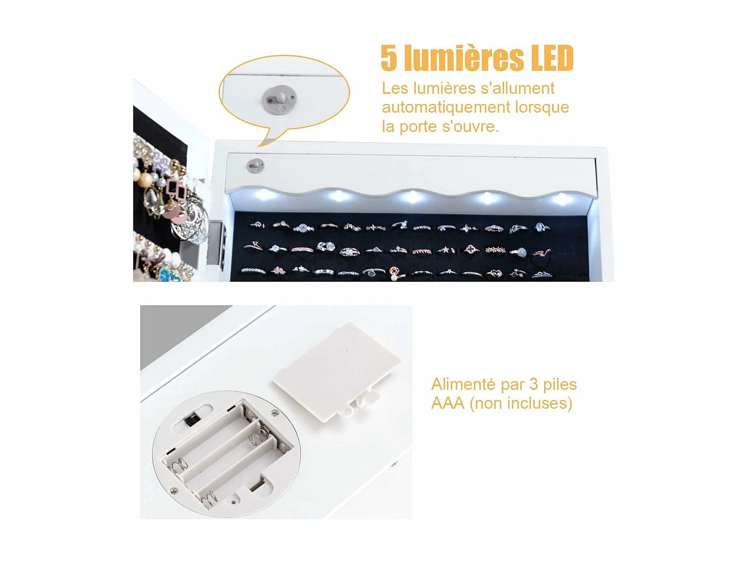 Armoire à Bijoux Murale avec Miroir, Inclus 5 Lumières LED, Emplacement pour Boucles d'Oreiller,Bracelets,Bag etc. Installable sur Mur ou Porte, 36,5 x 11,5 x 120 cm (Blanc)
