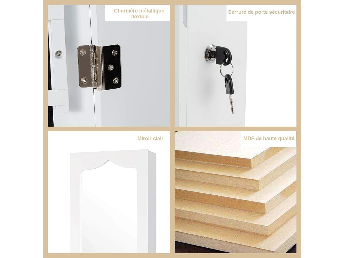 Armoire à Bijoux Murale avec Miroir, Inclus 5 Lumières LED, Emplacement pour Boucles d'Oreiller,Bracelets,Bag etc. Installable sur Mur ou Porte, 36,5 x 11,5 x 120 cm (Blanc)