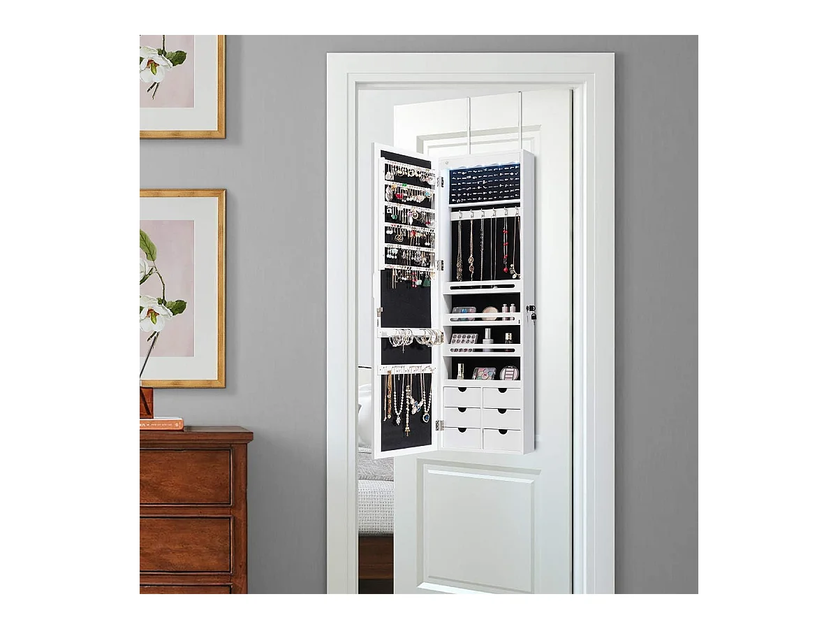 Armoire à Bijoux Murale avec Miroir, Inclus 5 Lumières LED, Emplacement pour Boucles d'Oreiller,Bracelets,Bag etc. Installable sur Mur ou Porte, 36,5 x 11,5 x 120 cm (Blanc)