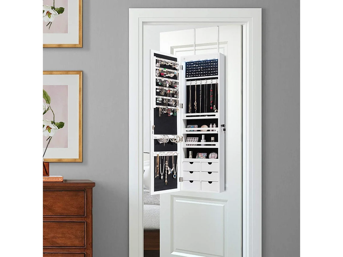 Armoire à Bijoux Murale avec Miroir, Inclus 5 Lumières LED, Emplacement pour Boucles d'Oreiller,Bracelets,Bag etc. Installable sur Mur ou Porte, 36,5 x 11,5 x 120 cm (Blanc)