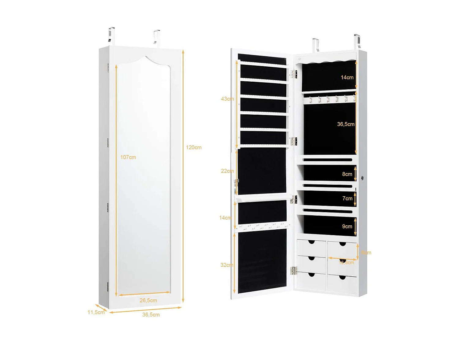 Armoire à Bijoux Murale avec Miroir, Inclus 5 Lumières LED, Emplacement pour Boucles d'Oreiller,Bracelets,Bag etc. Installable sur Mur ou Porte, 36,5 x 11,5 x 120 cm (Blanc)