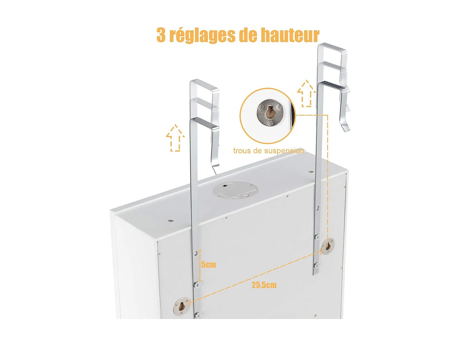 Armoire à Bijoux Murale avec Miroir, Inclus 5 Lumières LED, Emplacement pour Boucles d'Oreiller,Bracelets,Bag etc. Installable sur Mur ou Porte, 36,5 x 11,5 x 120 cm (Blanc)