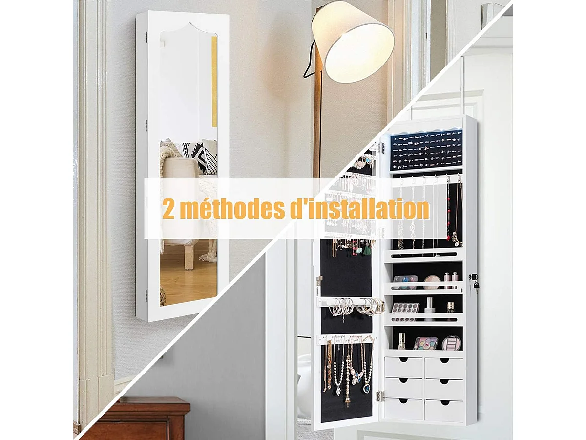 Armoire à Bijoux Murale avec Miroir, Inclus 5 Lumières LED, Emplacement pour Boucles d'Oreiller,Bracelets,Bag etc. Installable sur Mur ou Porte, 36,5 x 11,5 x 120 cm (Blanc)