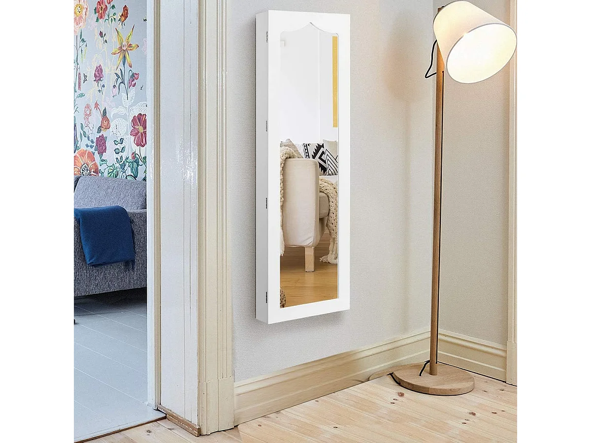 Armoire à Bijoux Murale avec Miroir, Inclus 5 Lumières LED, Emplacement pour Boucles d'Oreiller,Bracelets,Bag etc. Installable sur Mur ou Porte, 36,5 x 11,5 x 120 cm (Blanc)