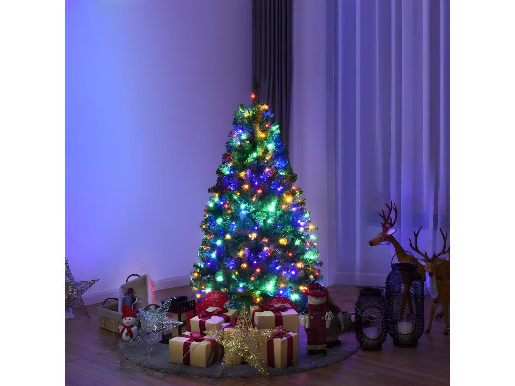 Sapin de noël 210 cm, arbre de noël artificiel avec lumières led multicolore à 11 modes et pied en métal, décoration de noël en matériau pvc pour maison, magasin, vert