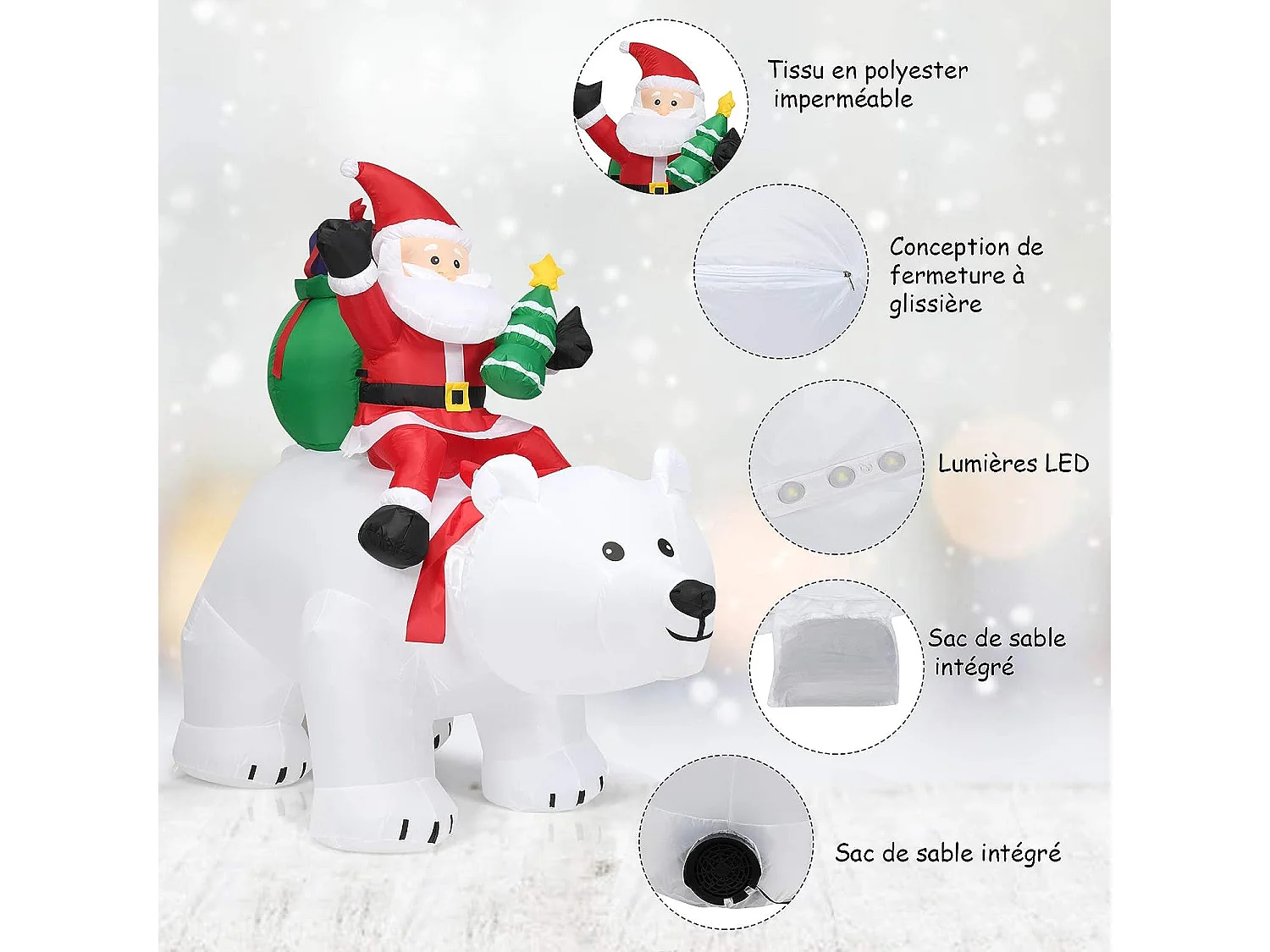 2m Père noël gonflable sur l'ours polaire blanc tête oscillante avec ventilateur et lumière led décoration de noël gonflable