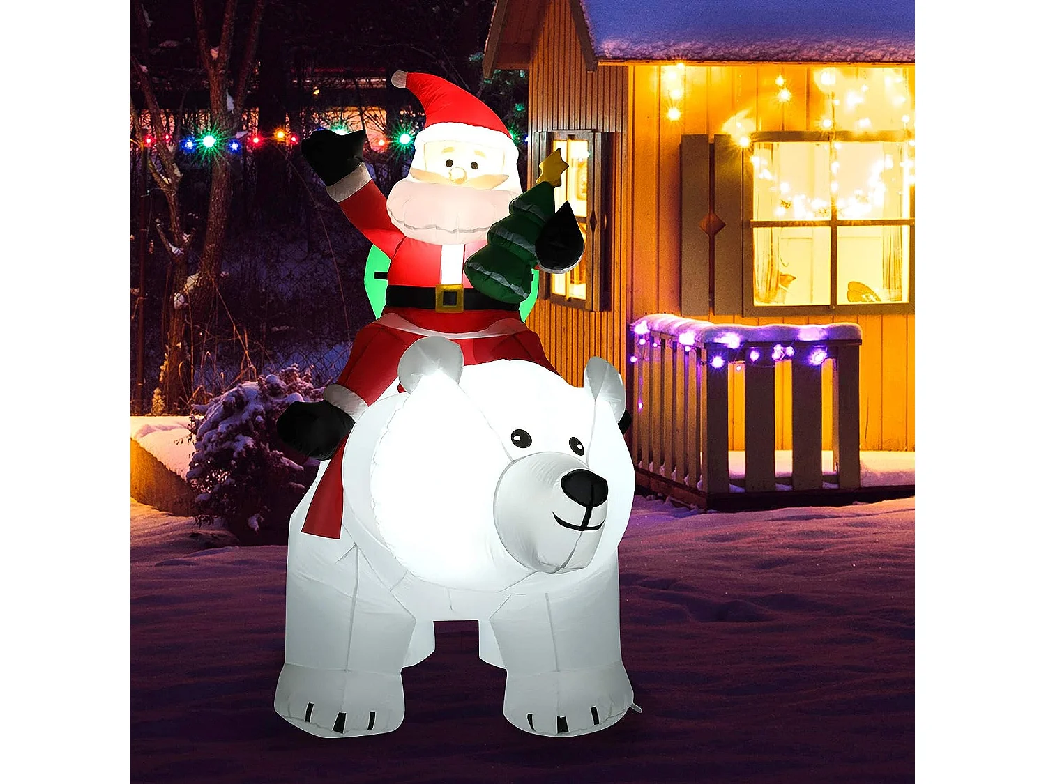 2m Père noël gonflable sur l'ours polaire blanc tête oscillante avec ventilateur et lumière led décoration de noël gonflable