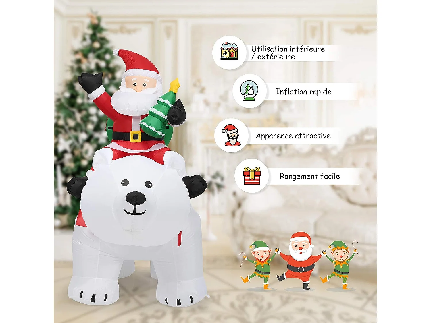 2m Père noël gonflable sur l'ours polaire blanc tête oscillante avec ventilateur et lumière led décoration de noël gonflable